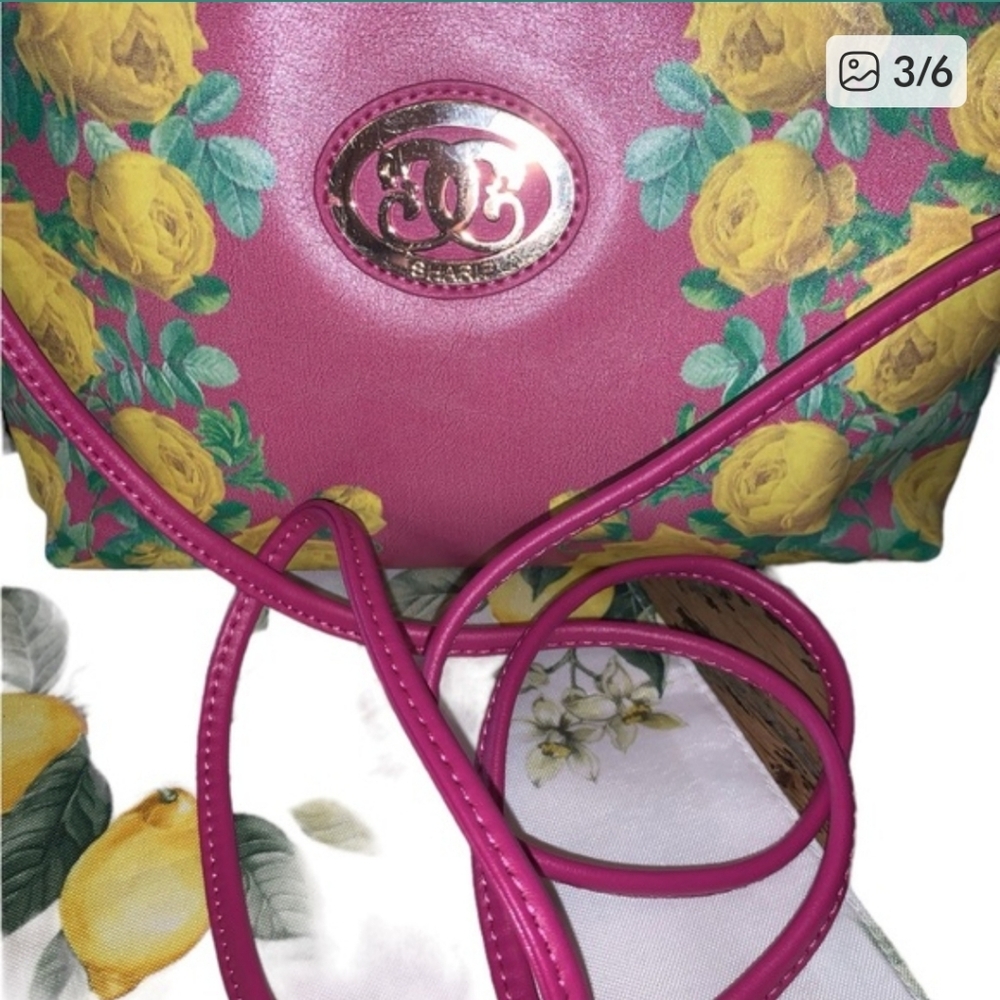 Sharif Pink Crossbody Bag with Yellow Floral Print EUC - Picture 3 of 6